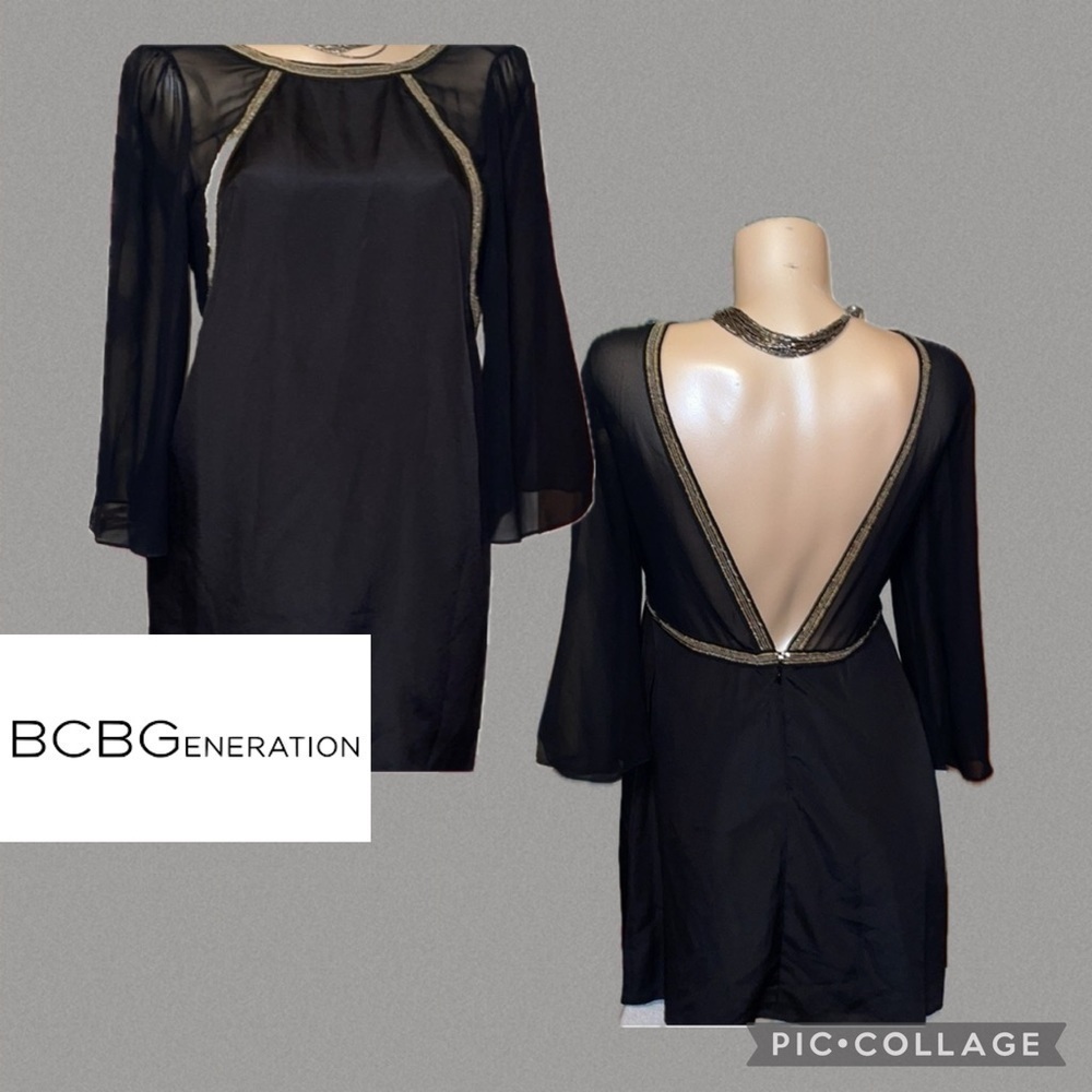 BCBGeneration womens dress 6 small mini black V back sheer sleeve party BCBG NYE